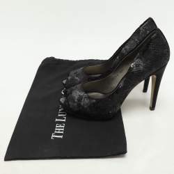 Pre Owned Salvatore Ferragamo Black Satin and Sequins Embellished Peep Toe Pumps Size 40