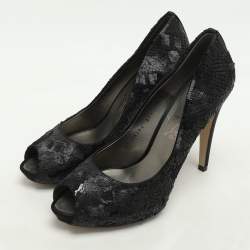 Pre Owned Salvatore Ferragamo Black Satin and Sequins Embellished Peep Toe Pumps Size 40