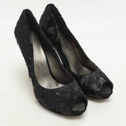 Pre Owned Salvatore Ferragamo Black Satin and Sequins Embellished Peep Toe Pumps Size 40