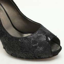 Pre Owned Salvatore Ferragamo Black Satin and Sequins Embellished Peep Toe Pumps Size 40