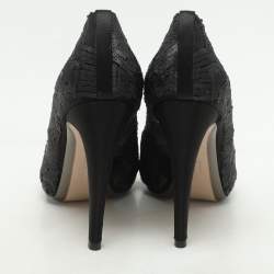 Pre Owned Salvatore Ferragamo Black Satin and Sequins Embellished Peep Toe Pumps Size 40