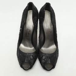 Pre Owned Salvatore Ferragamo Black Satin and Sequins Embellished Peep Toe Pumps Size 40