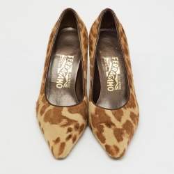 Pre Owned Salvatore Ferragamo Beige/Brown Animal Print Calf Hair Pumps Size 37.5