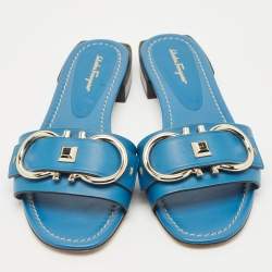 Salvatore Ferragamo Blue Leather Gancini Flat Slides Size 39.5