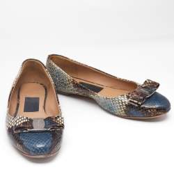 Salvatore Ferragamo Multicolor Python Embossed Leather Varina Bow Ballet Flats Size 37.5