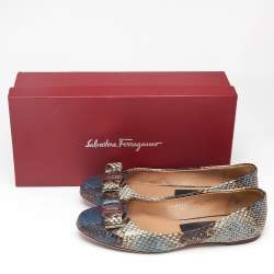 Salvatore Ferragamo Multicolor Python Embossed Leather Varina Bow Ballet Flats Size 37.5
