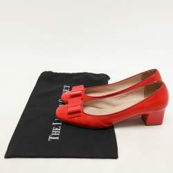Salvatore Ferragamo Red Patent Leather Elinda Block Heel Bow Pumps Size 39.5