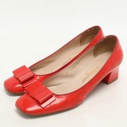 Salvatore Ferragamo Red Patent Leather Elinda Block Heel Bow Pumps Size 39.5
