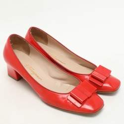 Salvatore Ferragamo Red Patent Leather Elinda Block Heel Bow Pumps Size 39.5