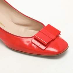 Salvatore Ferragamo Red Patent Leather Elinda Block Heel Bow Pumps Size 39.5