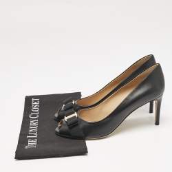 Salvatore Ferragamo Black Leather Pola Vara Bow Peep Toe Pumps Size 40