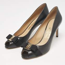 Salvatore Ferragamo Black Leather Pola Vara Bow Peep Toe Pumps Size 40
