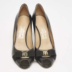 Salvatore Ferragamo Black Leather Pola Vara Bow Peep Toe Pumps Size 40