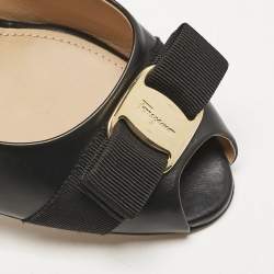 Salvatore Ferragamo Black Leather Pola Vara Bow Peep Toe Pumps Size 40