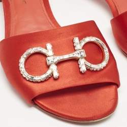 Salvatore Ferragamo Red Satin Crystal Embellished Gancini Logo Slide Sandals Size 39.5