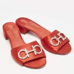 Salvatore Ferragamo Red Satin Crystal Embellished Gancini Logo Slide Sandals Size 39.5