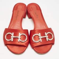 Salvatore Ferragamo Red Satin Crystal Embellished Gancini Logo Slide Sandals Size 39.5