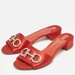 Salvatore Ferragamo Red Satin Crystal Embellished Gancini Logo Slide Sandals Size 39.5