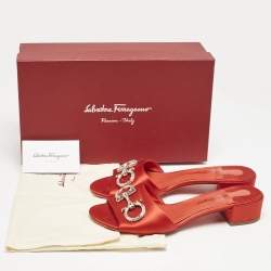 Salvatore Ferragamo Red Satin Crystal Embellished Gancini Logo Slide Sandals Size 39.5
