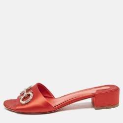 Salvatore Ferragamo Red Satin Crystal Embellished Gancini Logo Slide Sandals Size 39.5