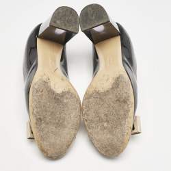 Pre Owned Salvatore Ferragamo Black/Beige Patent Leather Bow Block Heel Pumps Size 37.5