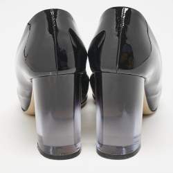 Pre Owned Salvatore Ferragamo Black/Beige Patent Leather Bow Block Heel Pumps Size 37.5