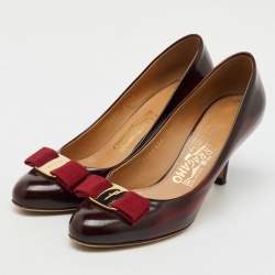 Salvatore Ferragamo Burgundy Leather Vara Bow Pumps Size 36.5