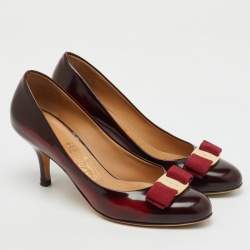 Salvatore Ferragamo Burgundy Leather Vara Bow Pumps Size 36.5