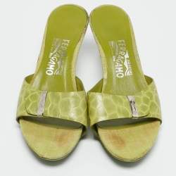 Salvatore Ferragamo Green Croc Embossed Leather Slide Sandals Size 38.5