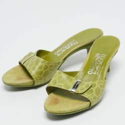 Salvatore Ferragamo Green Croc Embossed Leather Slide Sandals Size 38.5