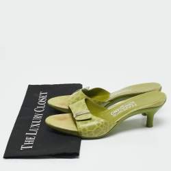 Salvatore Ferragamo Green Croc Embossed Leather Slide Sandals Size 38.5