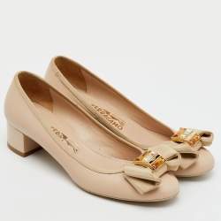 Salvatore Ferragamo Beige Leather Crystal Bow Block Heel Pumps Size 37