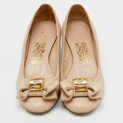 Salvatore Ferragamo Beige Leather Crystal Bow Block Heel Pumps Size 37