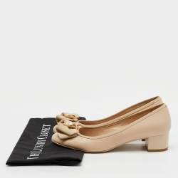 Salvatore Ferragamo Beige Leather Crystal Bow Block Heel Pumps Size 37