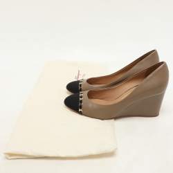 Salvatore Ferragamo Taupe Leather Nana Cap Toe Chain Detail Wedge Pumps Size 38