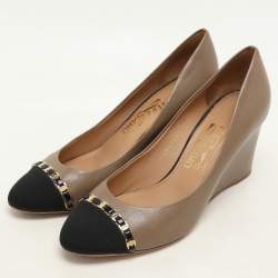 Salvatore Ferragamo Taupe Leather Nana Cap Toe Chain Detail Wedge Pumps Size 38