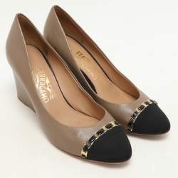 Salvatore Ferragamo Taupe Leather Nana Cap Toe Chain Detail Wedge Pumps Size 38