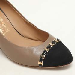 Salvatore Ferragamo Taupe Leather Nana Cap Toe Chain Detail Wedge Pumps Size 38