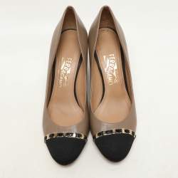Salvatore Ferragamo Taupe Leather Nana Cap Toe Chain Detail Wedge Pumps Size 38