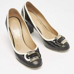 Pre Owned Salvatore Ferragamo Black/Cream Patent Leather Bow Pumps Size 38