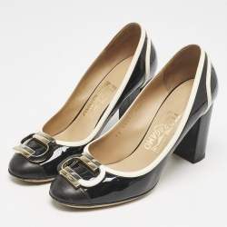 Pre Owned Salvatore Ferragamo Black/Cream Patent Leather Bow Pumps Size 38