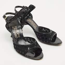 Salvatore Ferragamo Black Mesh and Patent Leather Slingback Sandals Size 39