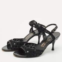 Salvatore Ferragamo Black Mesh and Patent Leather Slingback Sandals Size 39
