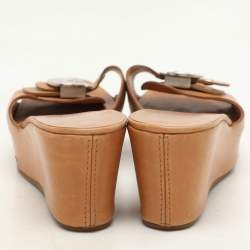 Salvatore Ferragamo Brown Leather Gancini Buckle Wedge Sandals Size 36.5