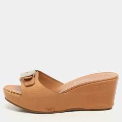 Salvatore Ferragamo Brown Leather Gancini Buckle Wedge Sandals Size 36.5