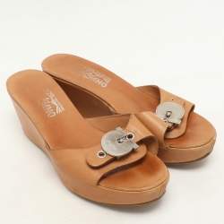 Salvatore Ferragamo Brown Leather Gancini Buckle Wedge Sandals Size 36.5