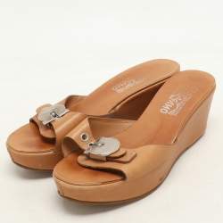 Salvatore Ferragamo Brown Leather Gancini Buckle Wedge Sandals Size 36.5