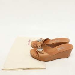 Salvatore Ferragamo Brown Leather Gancini Buckle Wedge Sandals Size 36.5