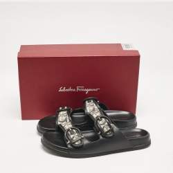 Salvatore Ferragamo Black/Off White Logo Print Fabric and Leather Gairo T Flat Slides Size 39.5