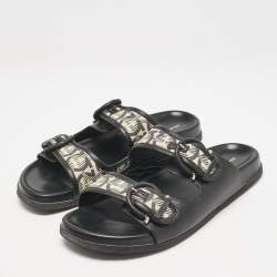 Salvatore Ferragamo Black/Off White Logo Print Fabric and Leather Gairo T Flat Slides Size 39.5
